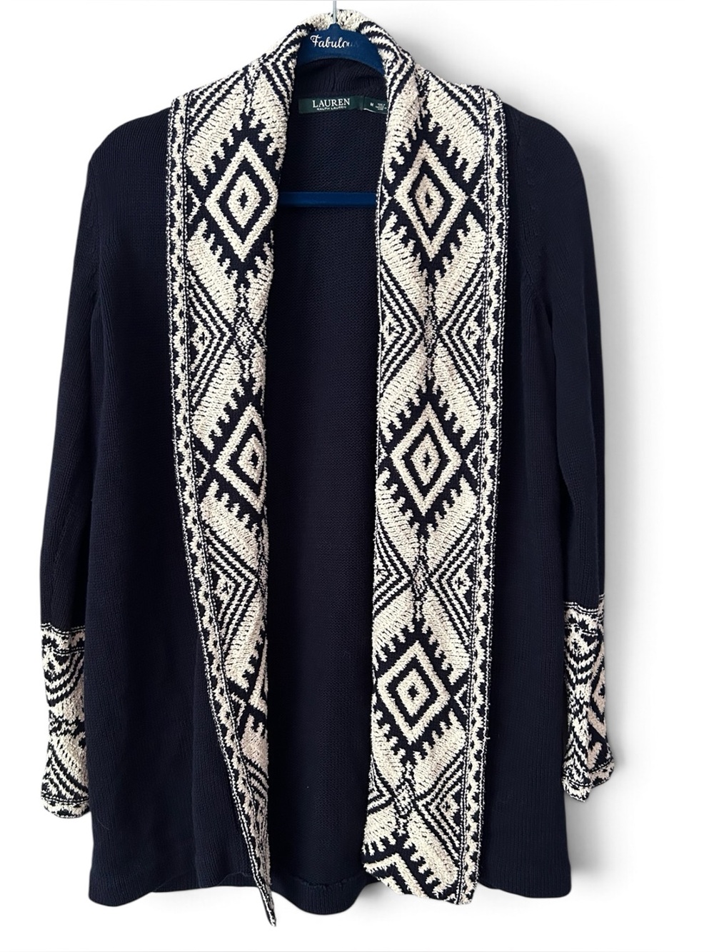 Lauren Ralph Lauren Navy Blue Cardigan Aztec Western Shawl Collar & Cuffs
